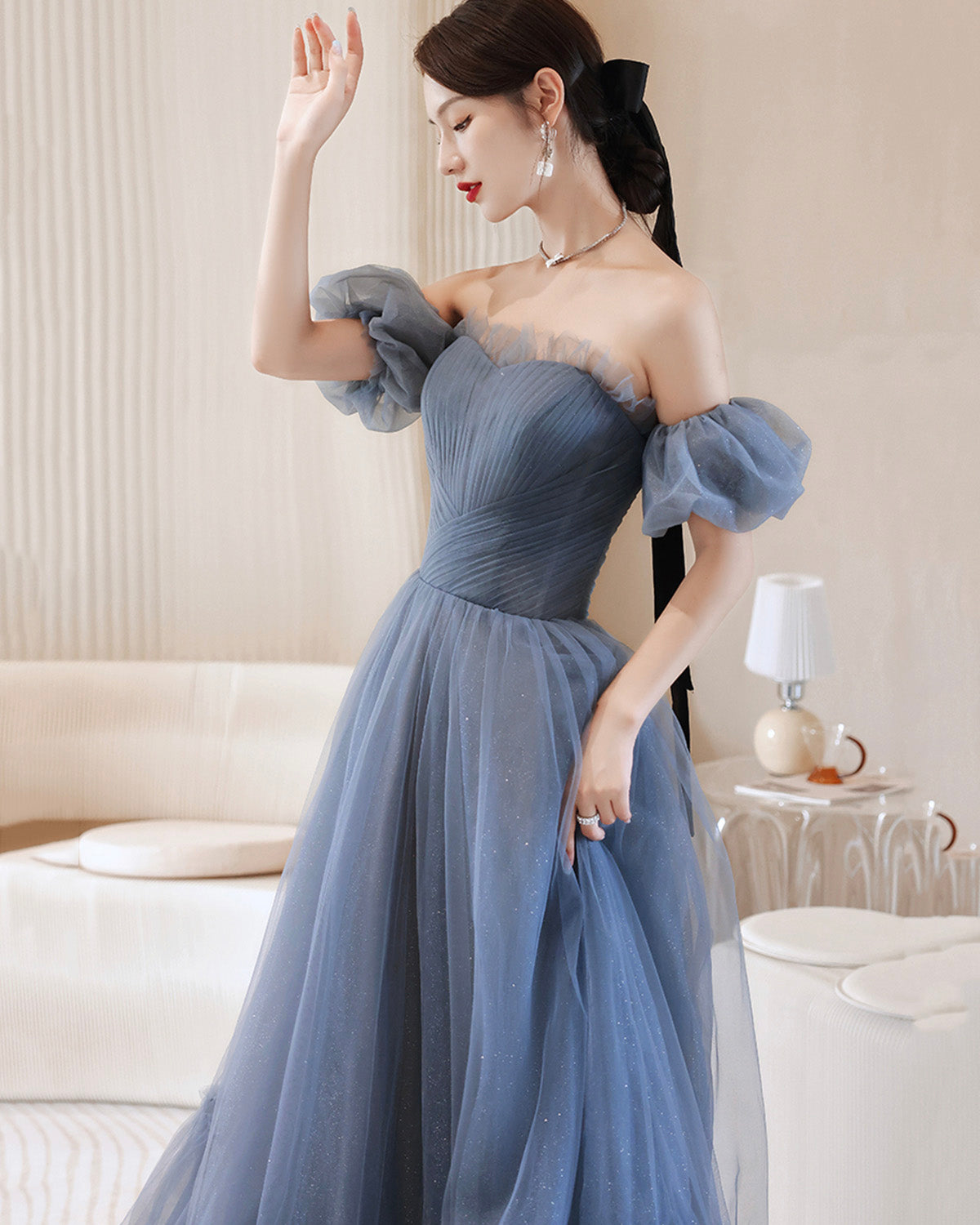 Blue tulle long A line prom dress blue evening dress 8903
