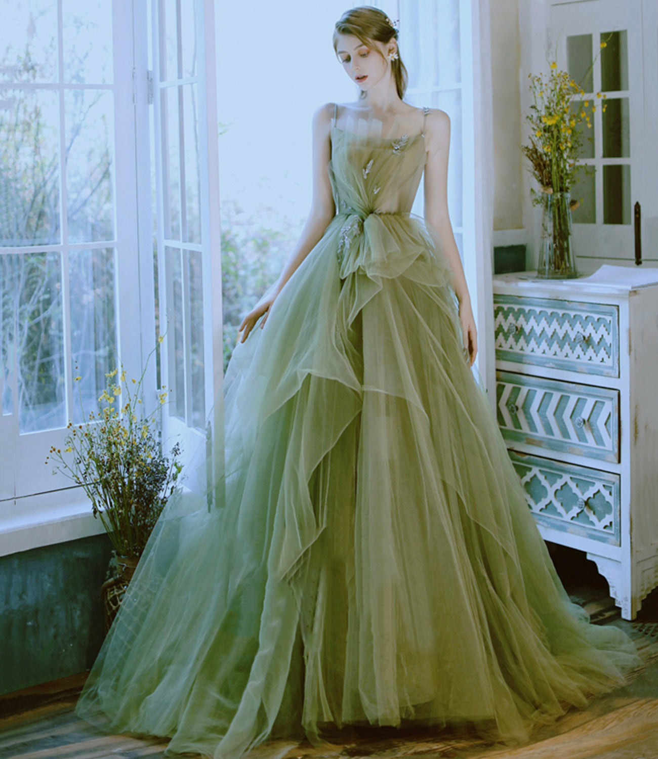Green tulle long prom dress green evening dress 8599