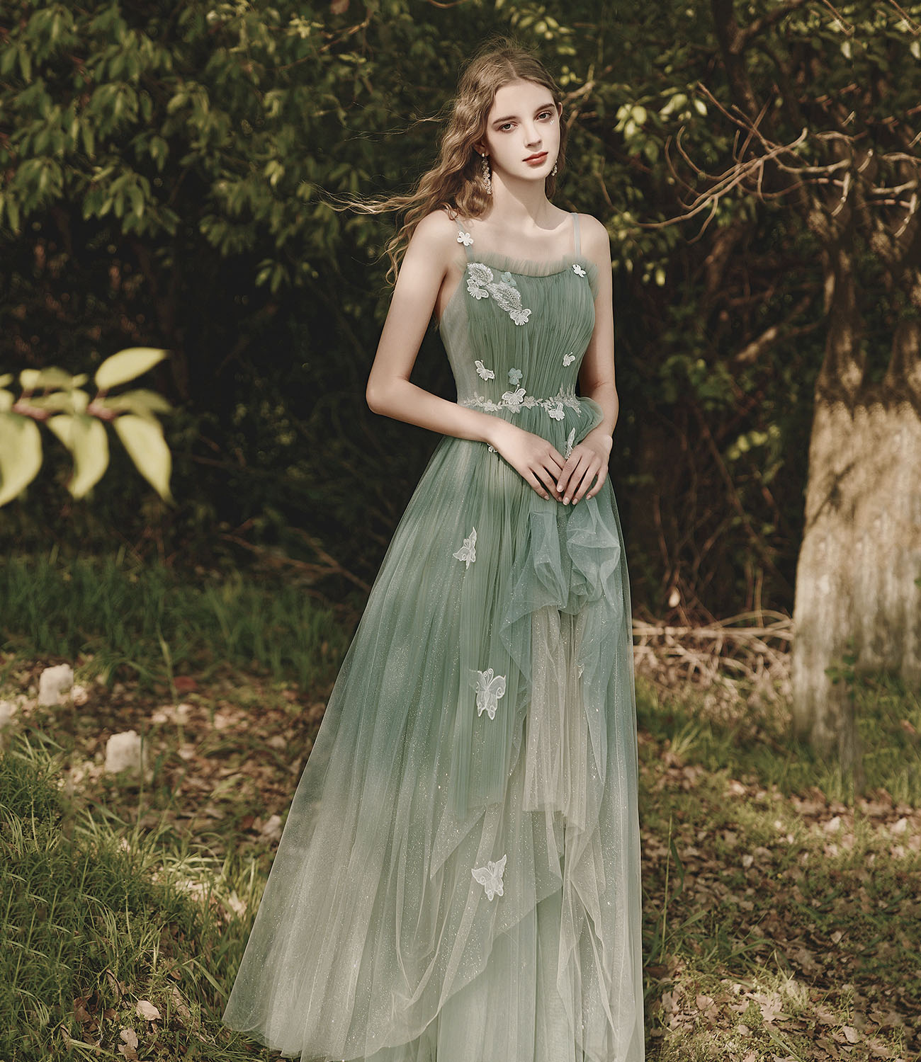 Green tulle lace long prom dress A line evening dress 10419
