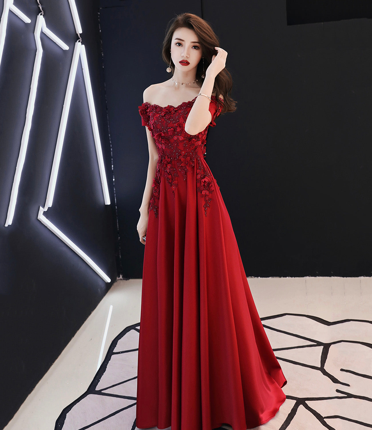 Burgundy satin lace long prom dress A line evening dress 10565