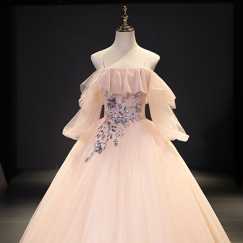 Pink tulle sequins long ball gown dress evening gown 10093