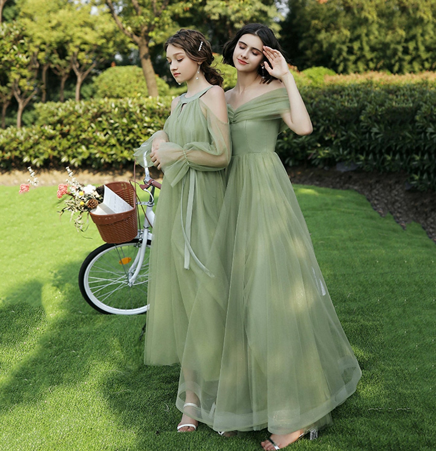 Green tulle long A line prom dress bridesmaid dress 10048