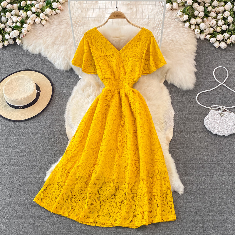 Cute V Neck Lace A Line Dress Fashion Dress 10919