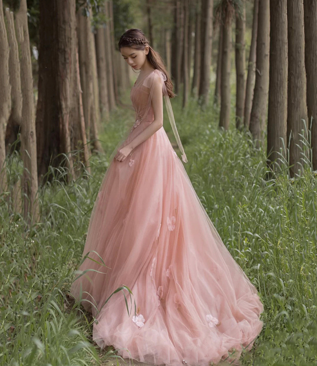 Pink 3D Flowers Long Prom Dress A line Evening Dress 10466