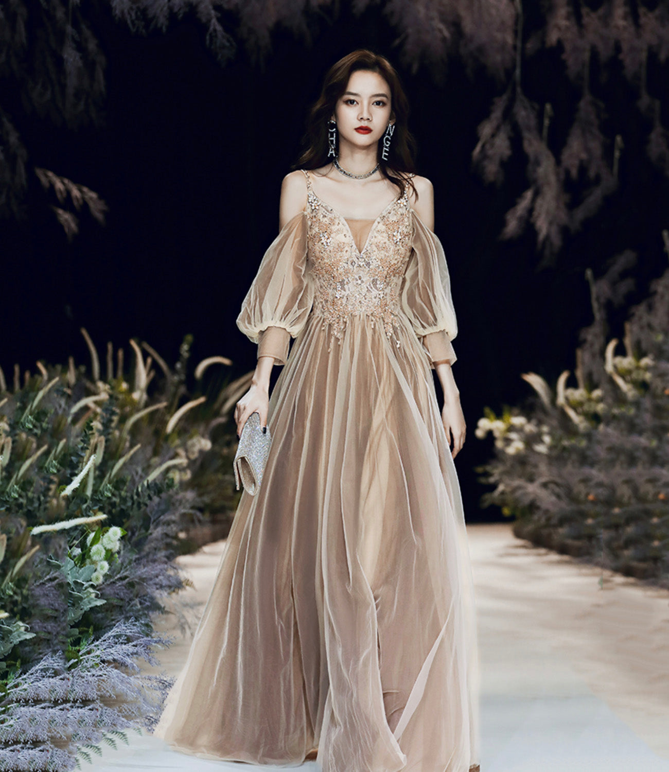 Cute tulle lace long prom dress A line evening dress 10449
