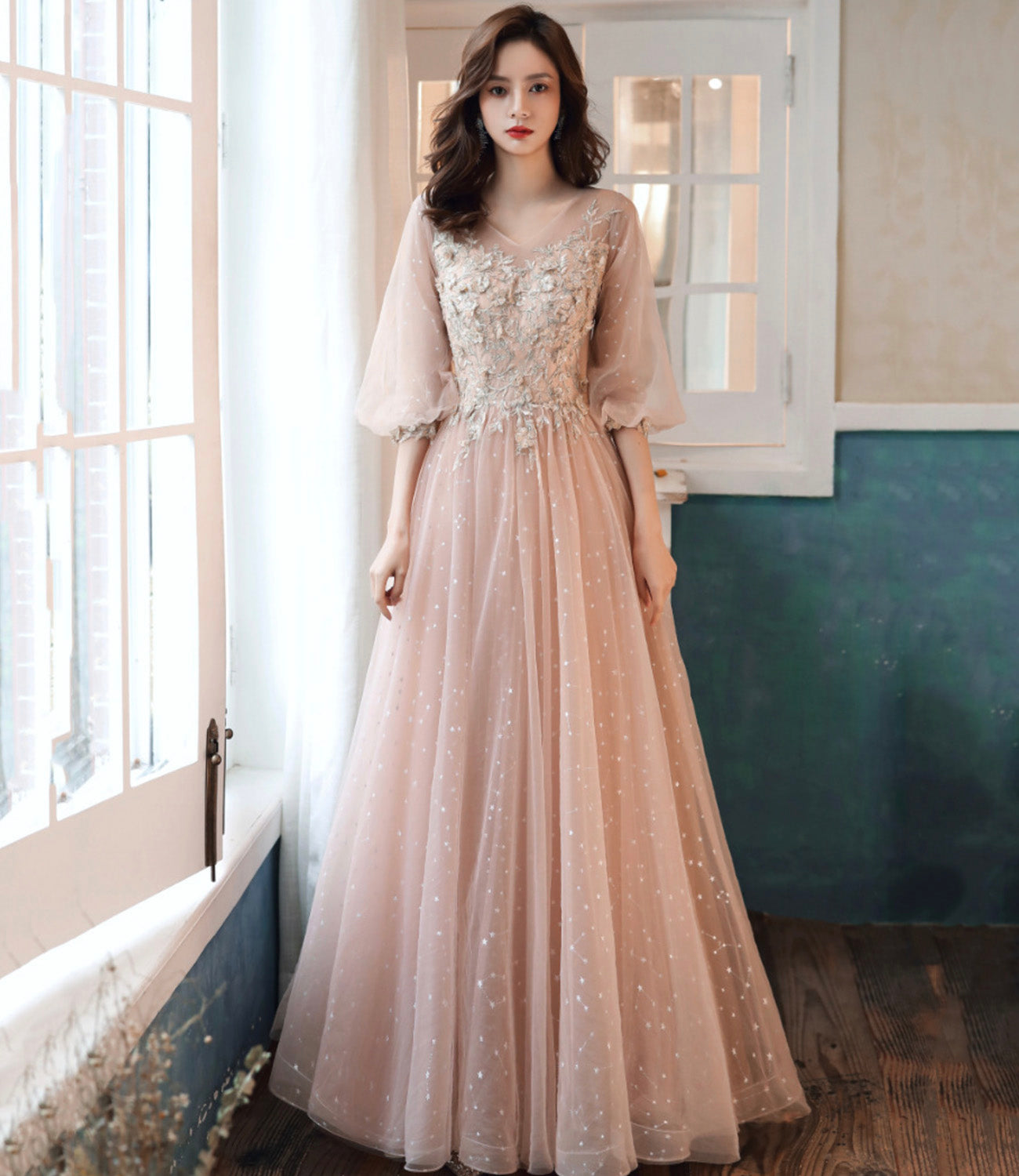 Cute tulle lace long prom dress A line evening dress 10554