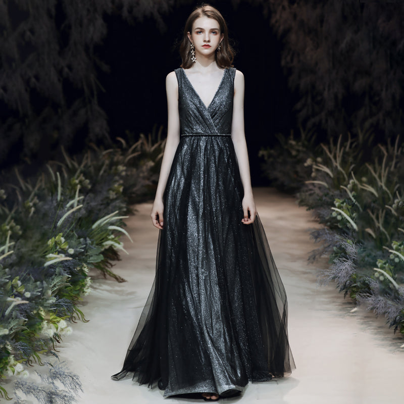 Shiny black v neck tulle long prom dress 8200