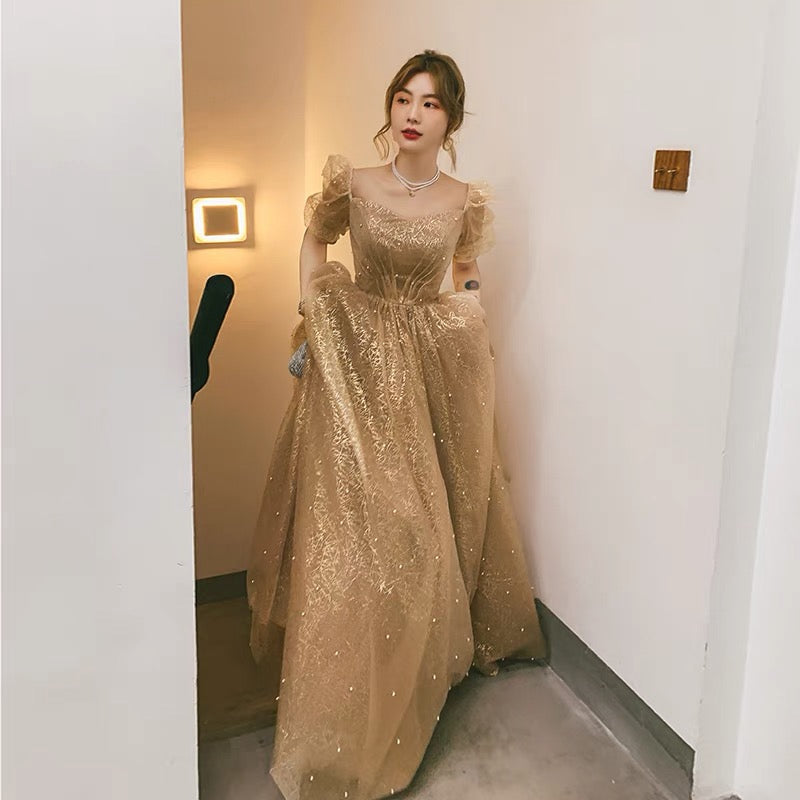 Gold tulle long prom dress A line evening dress 10085