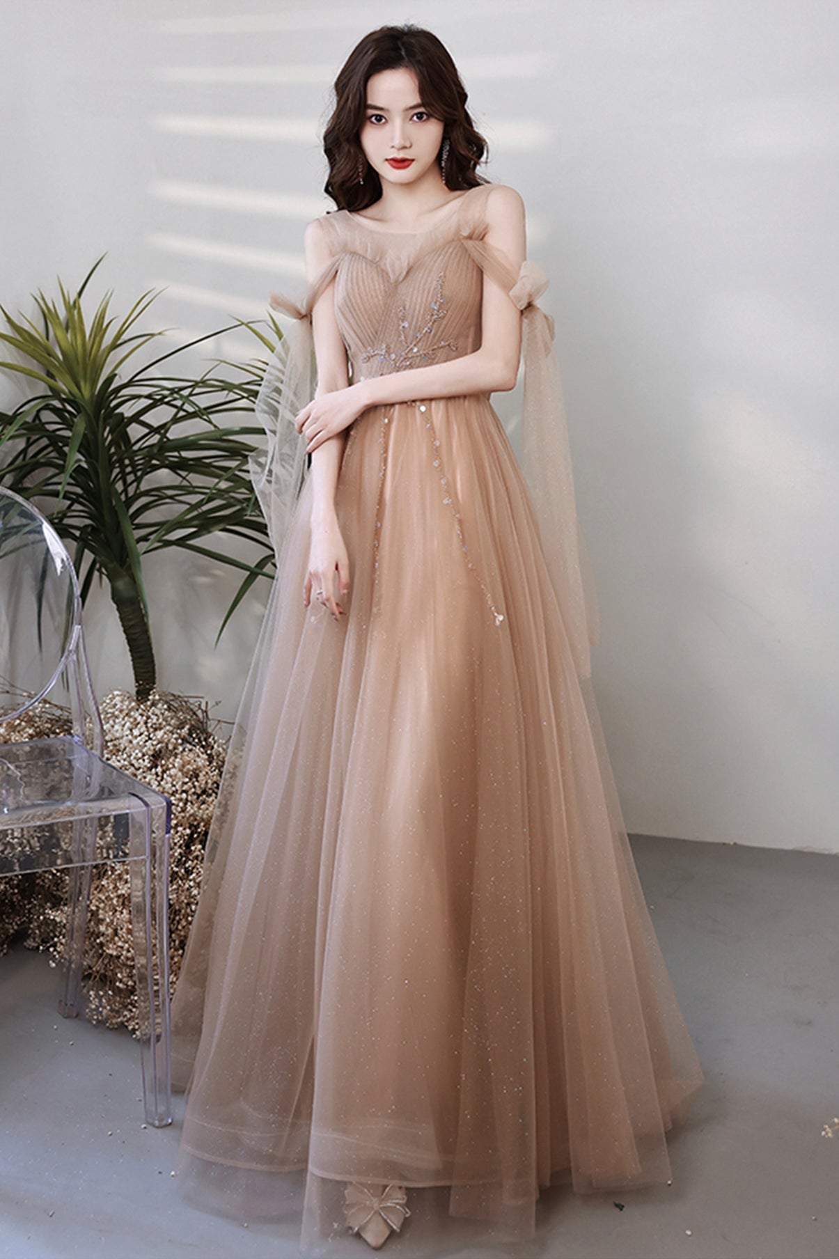 Cute tulle sequins long A line prom dress evening dress 8705
