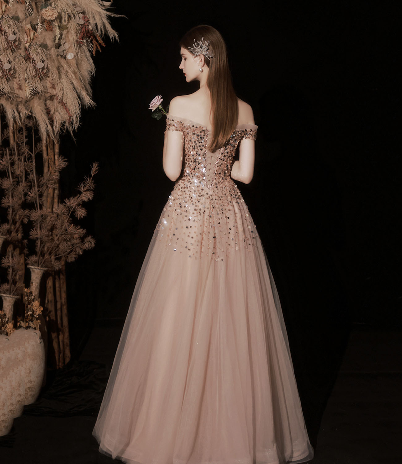 Shiny tulle sequins long prom dress A line evening gown 10415