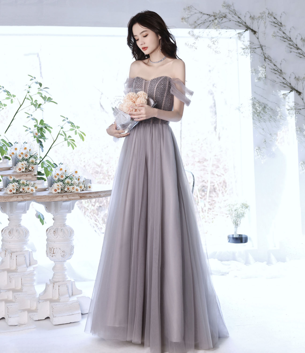 Cute tulle beads long prom dress A line evening gown 10319