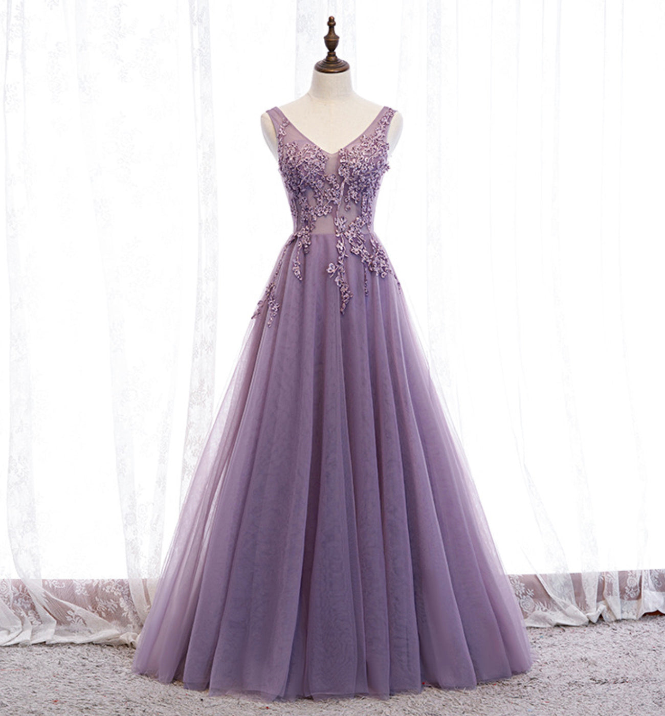 Purple v neck long A line prom dress lace evening dress 8586