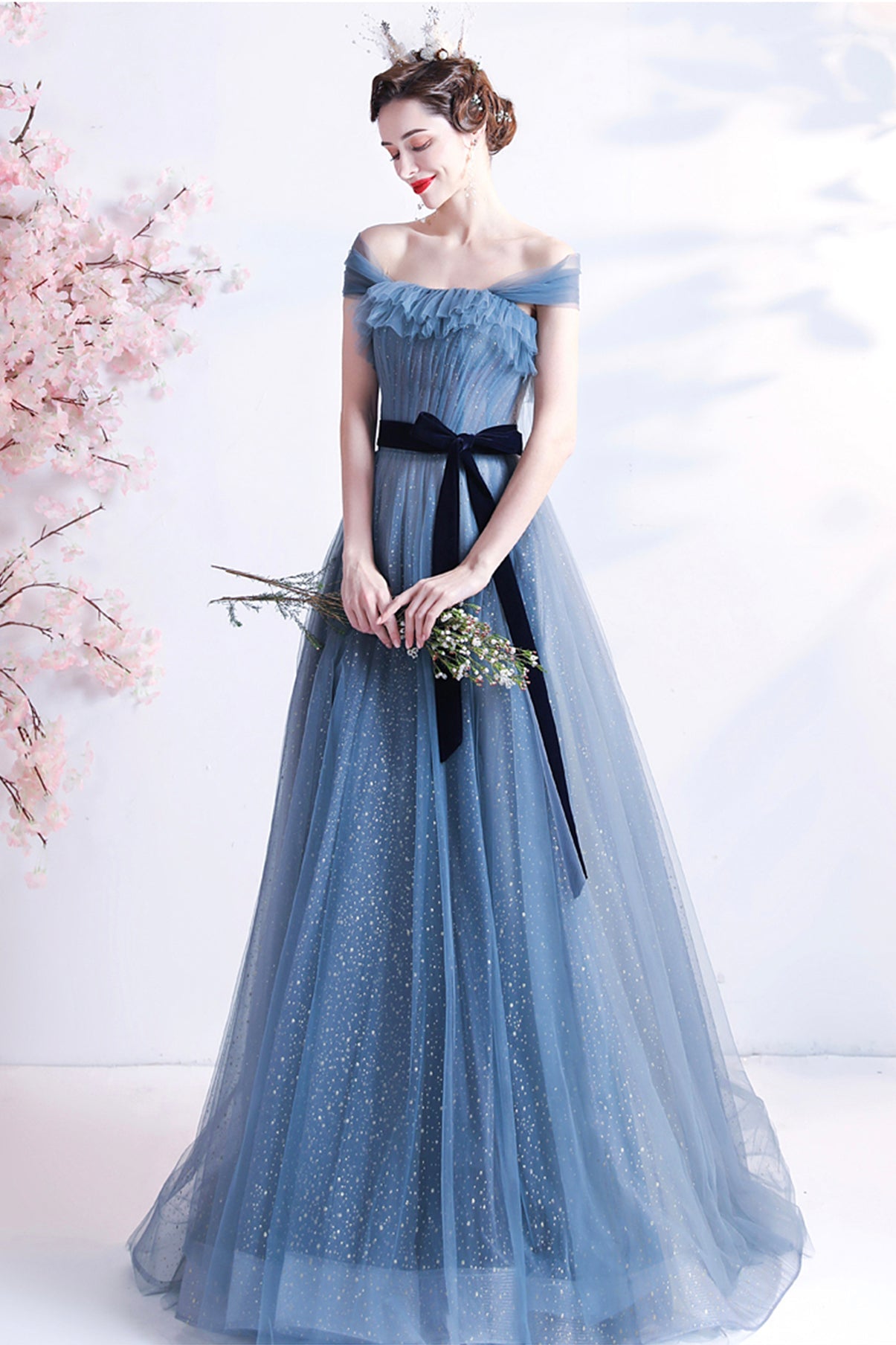 Blue tulle long A line prom dress blue evening dress 8777