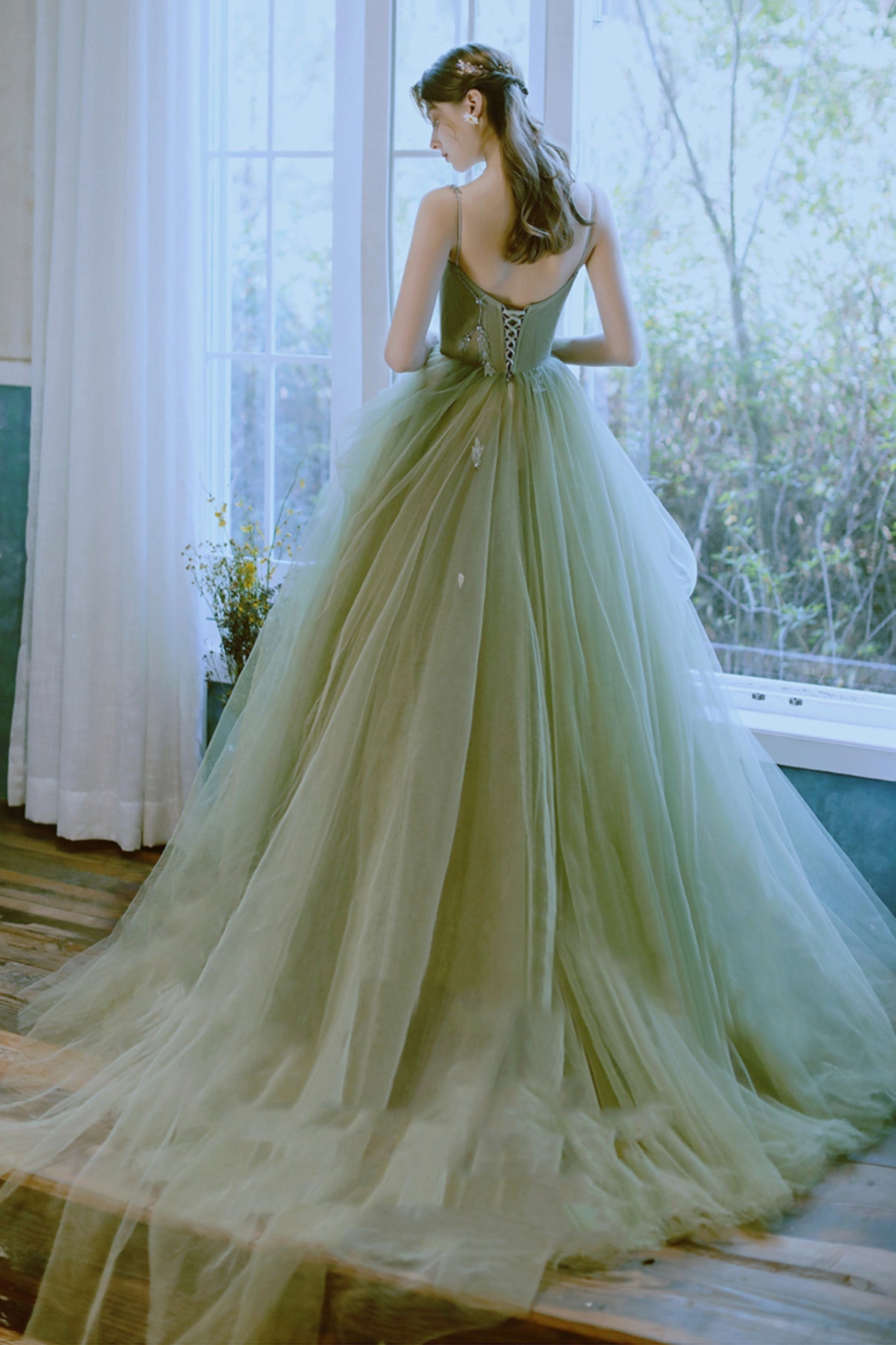 Green tulle long prom dress green evening dress 8599
