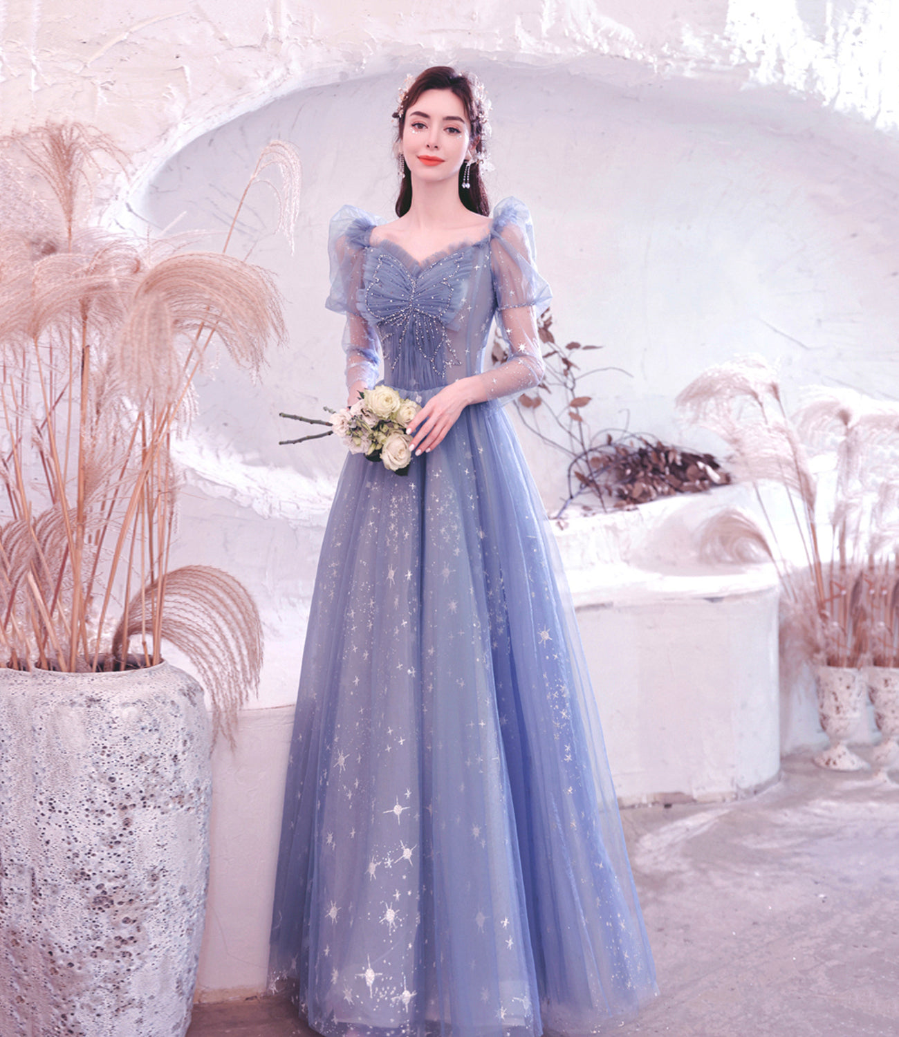 Blue tulle long A line prom dress blue evening dress 10530