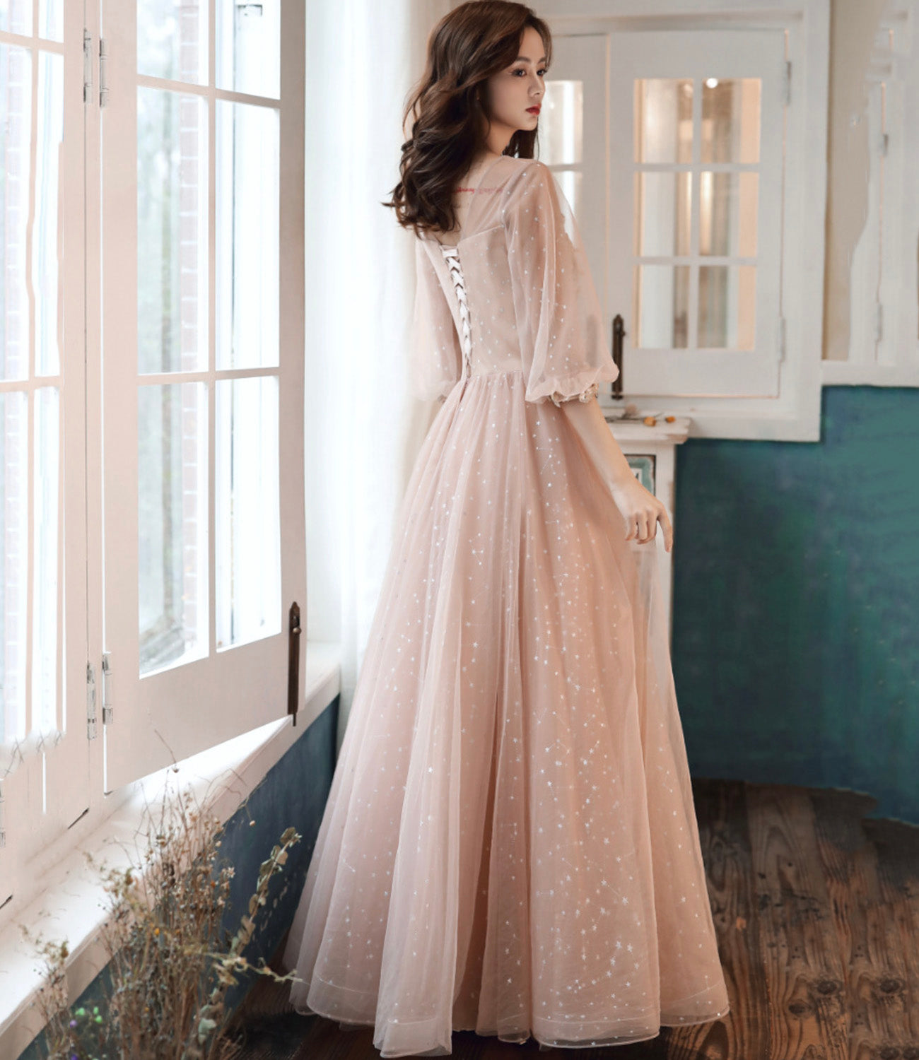 Cute tulle lace long prom dress A line evening dress 10554
