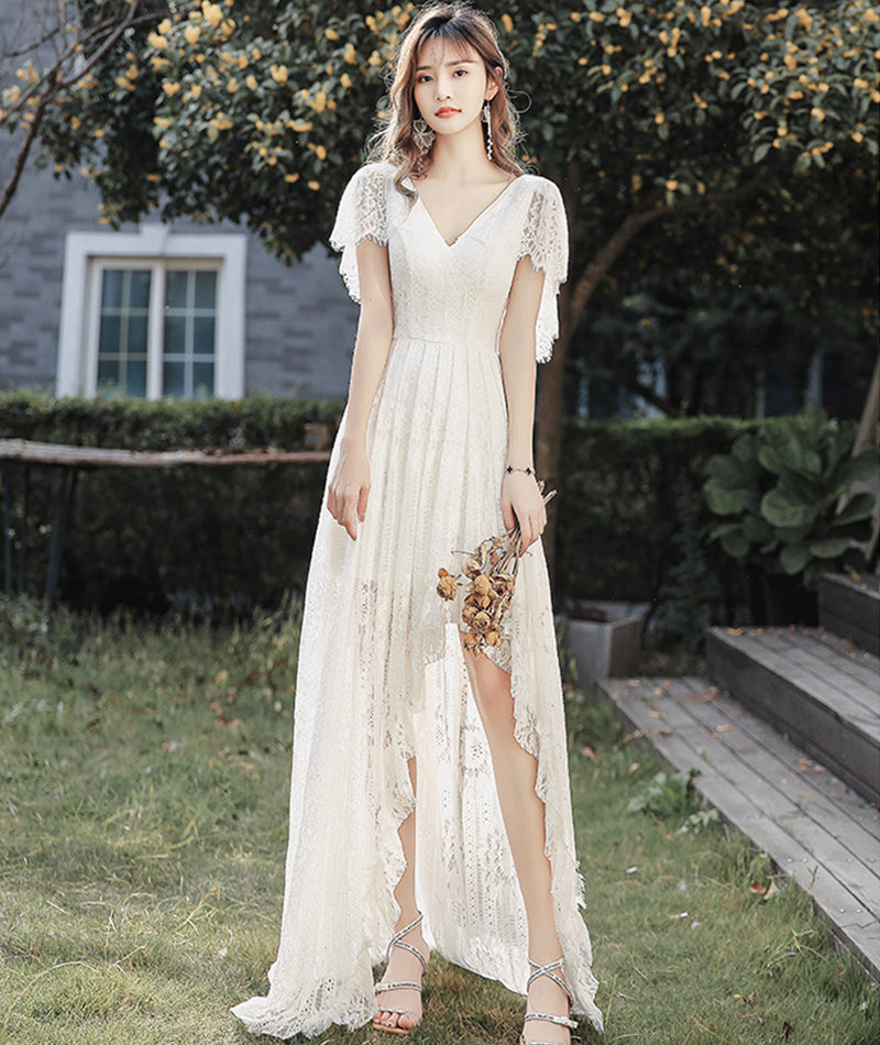 White lace high low prom dress evening dress 8398