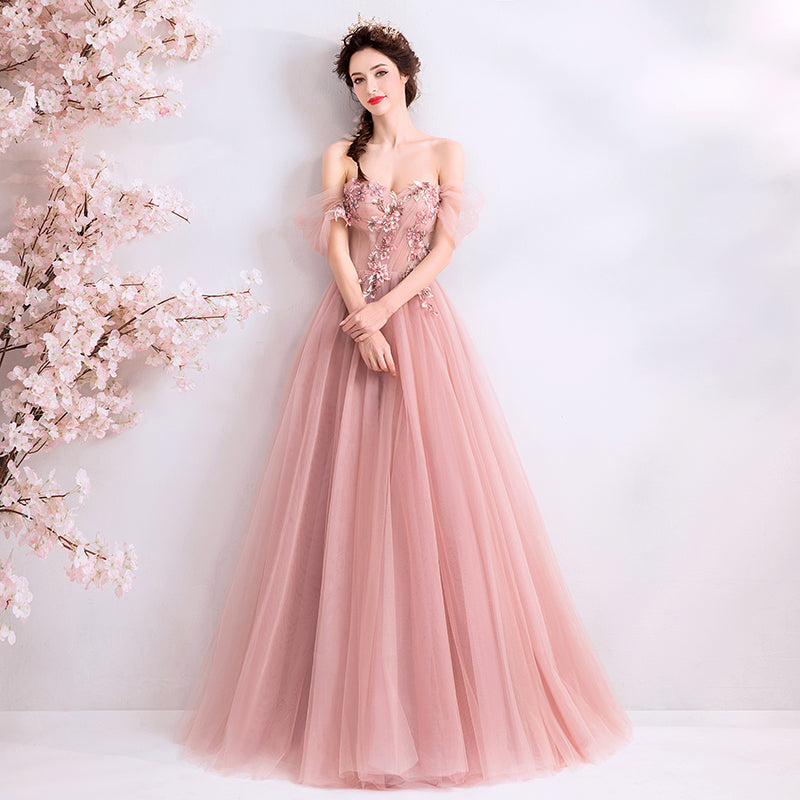 Pink tulle lace long prom dress, pink evening dress 8077