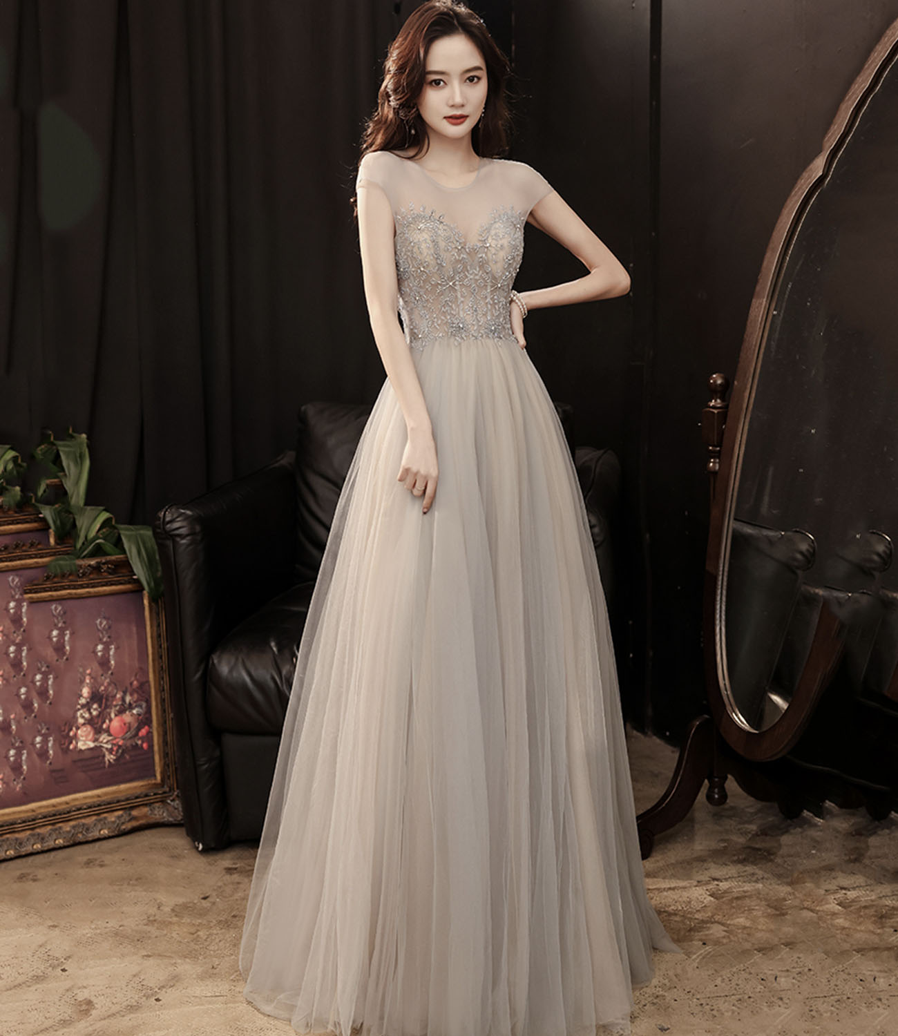 Cute tulle beads long prom dress A line evening gown 10279