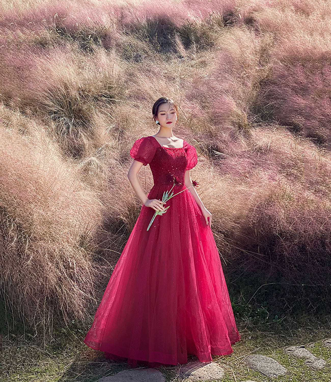 Red tulle beads long prom dress A line evening gown 10303
