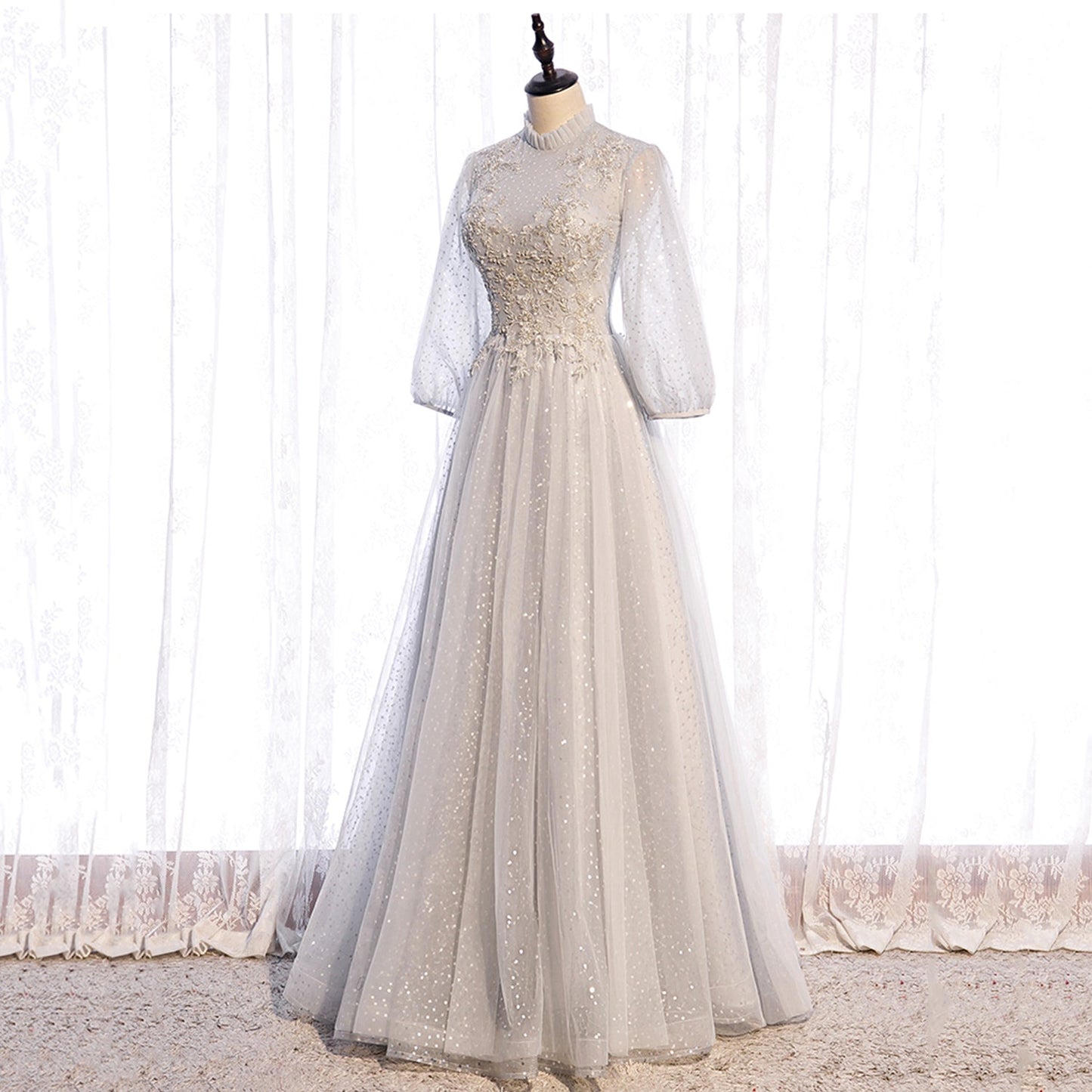 Gray lace sequins long prom gown evening dress 8964