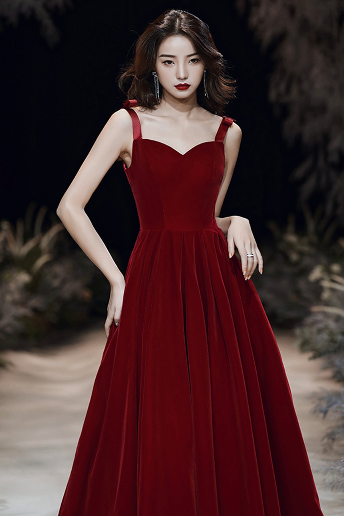 Burgundy velvet long A line prom dress evening dress 8699