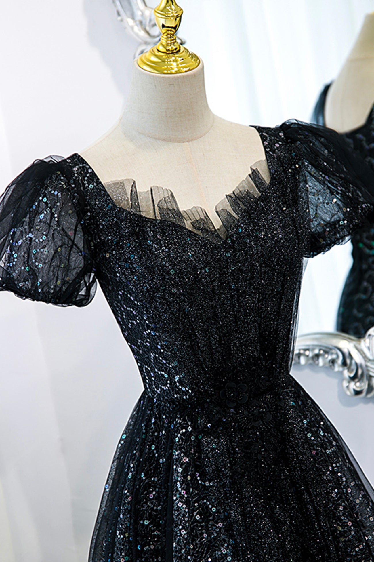 Black tulle sequins long prom dress black evening dress 10467