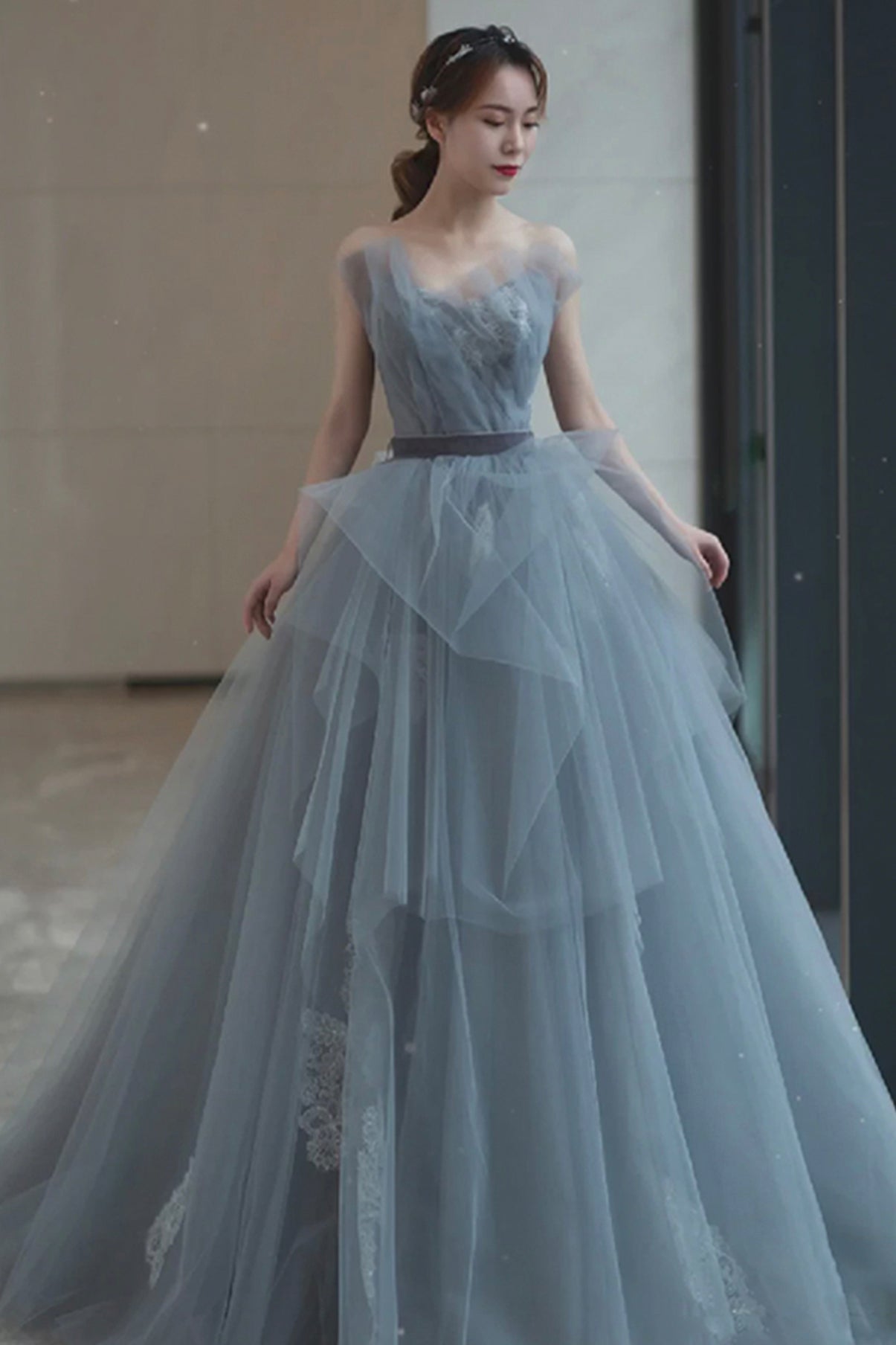 Blue tulle lace long ball gown dress blue evening dress 8766