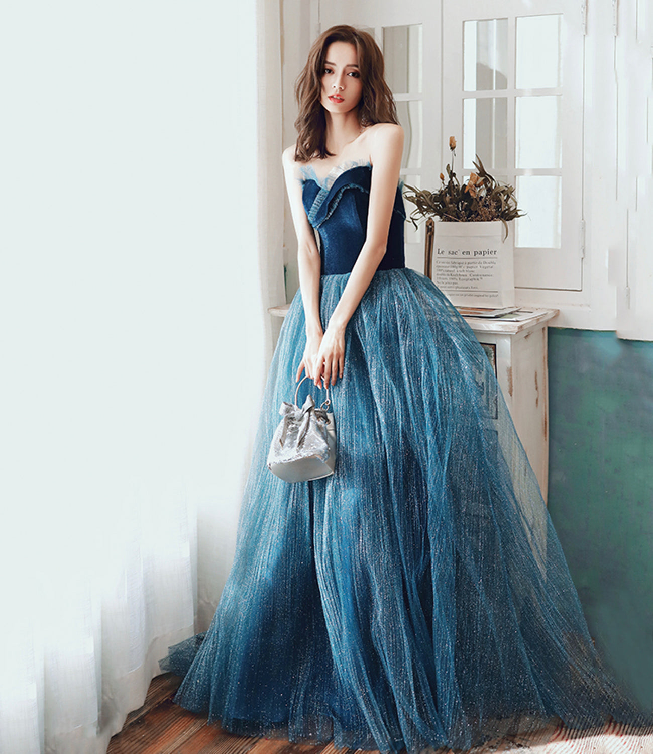 Blue velvet tulle long prom dress A line evening dress 10499
