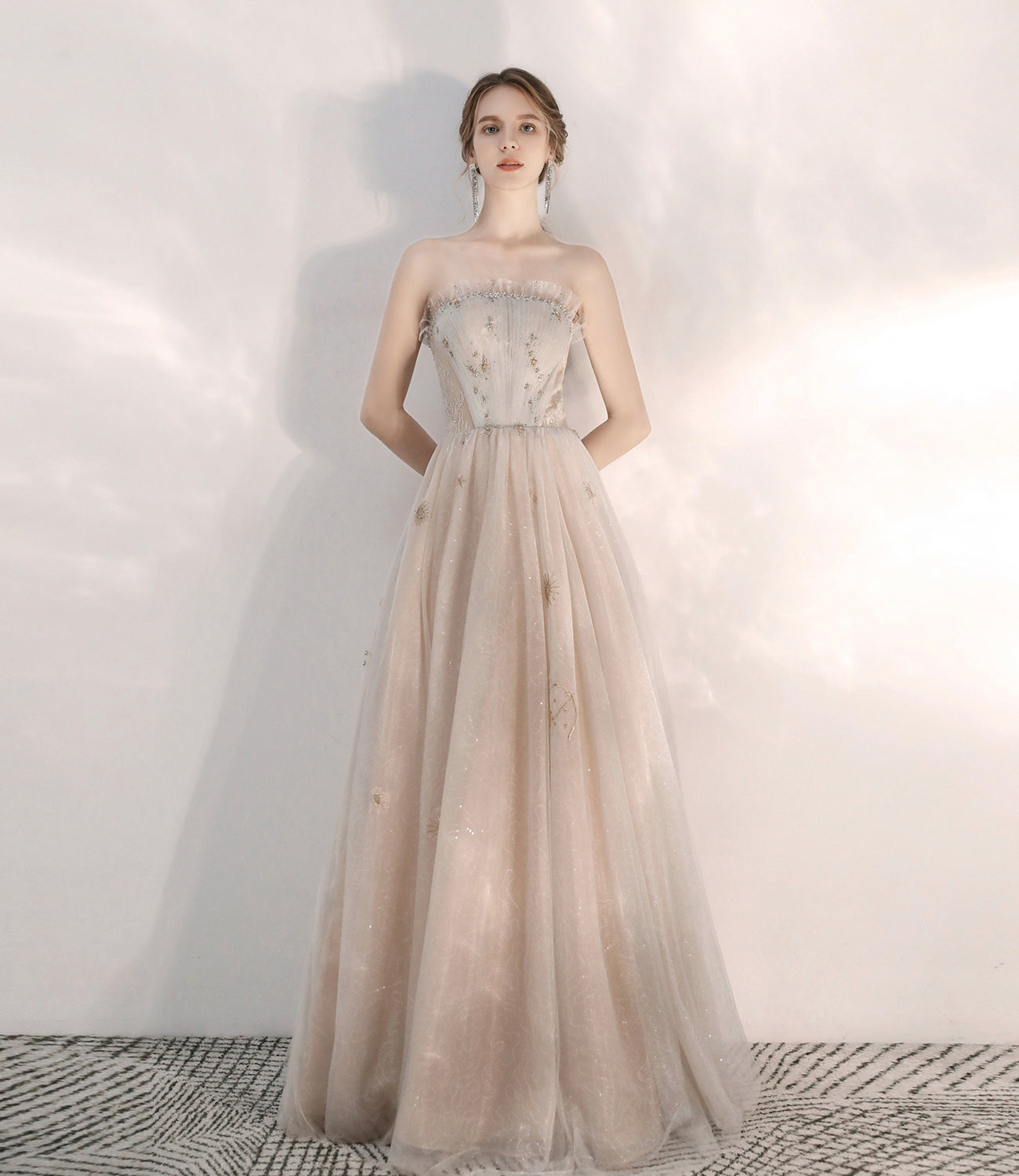 Champagne tulle sequins long prom dress A line evening dress 10472
