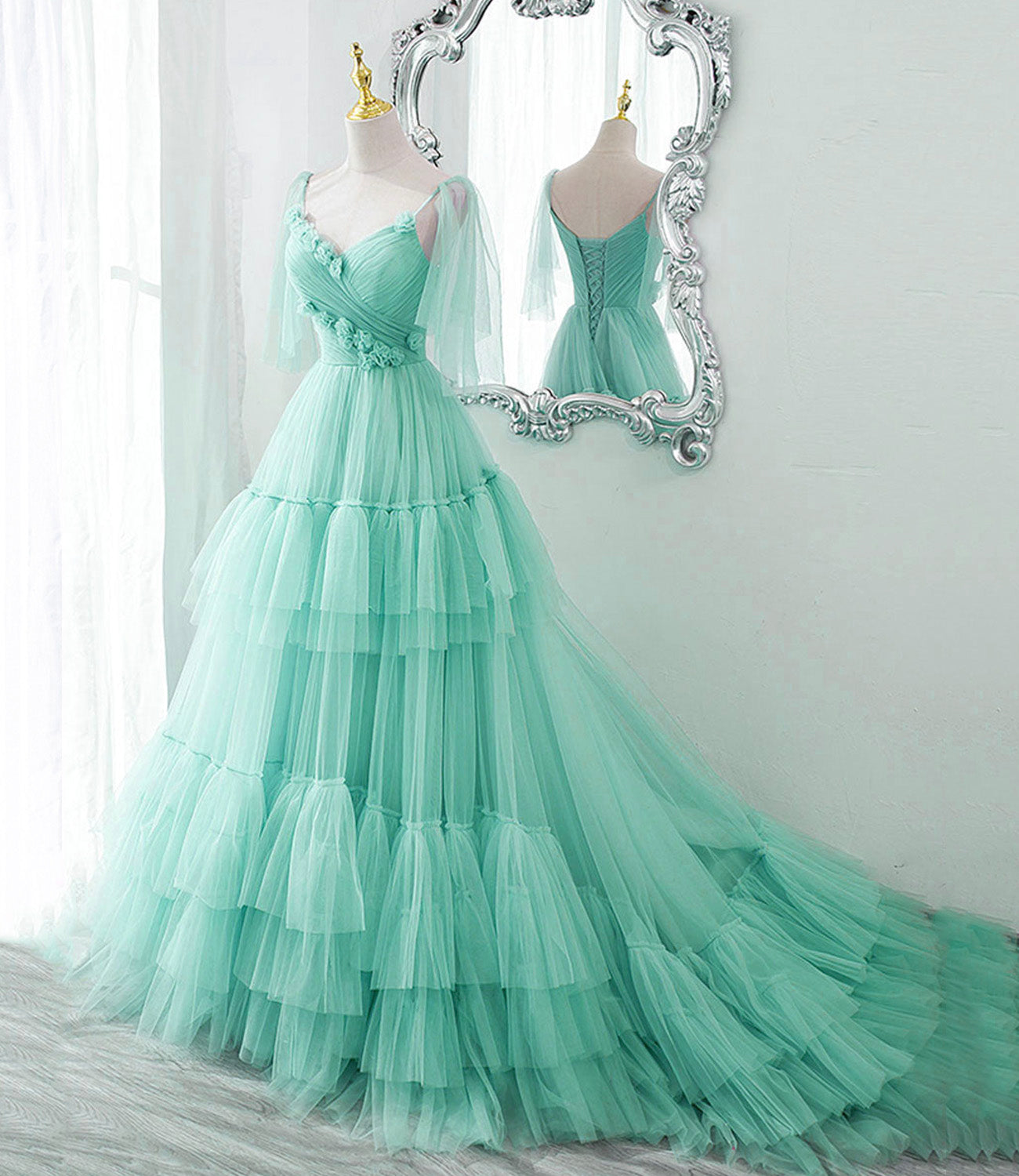 Blue tulle long A line prom dress blue evening dress 10551