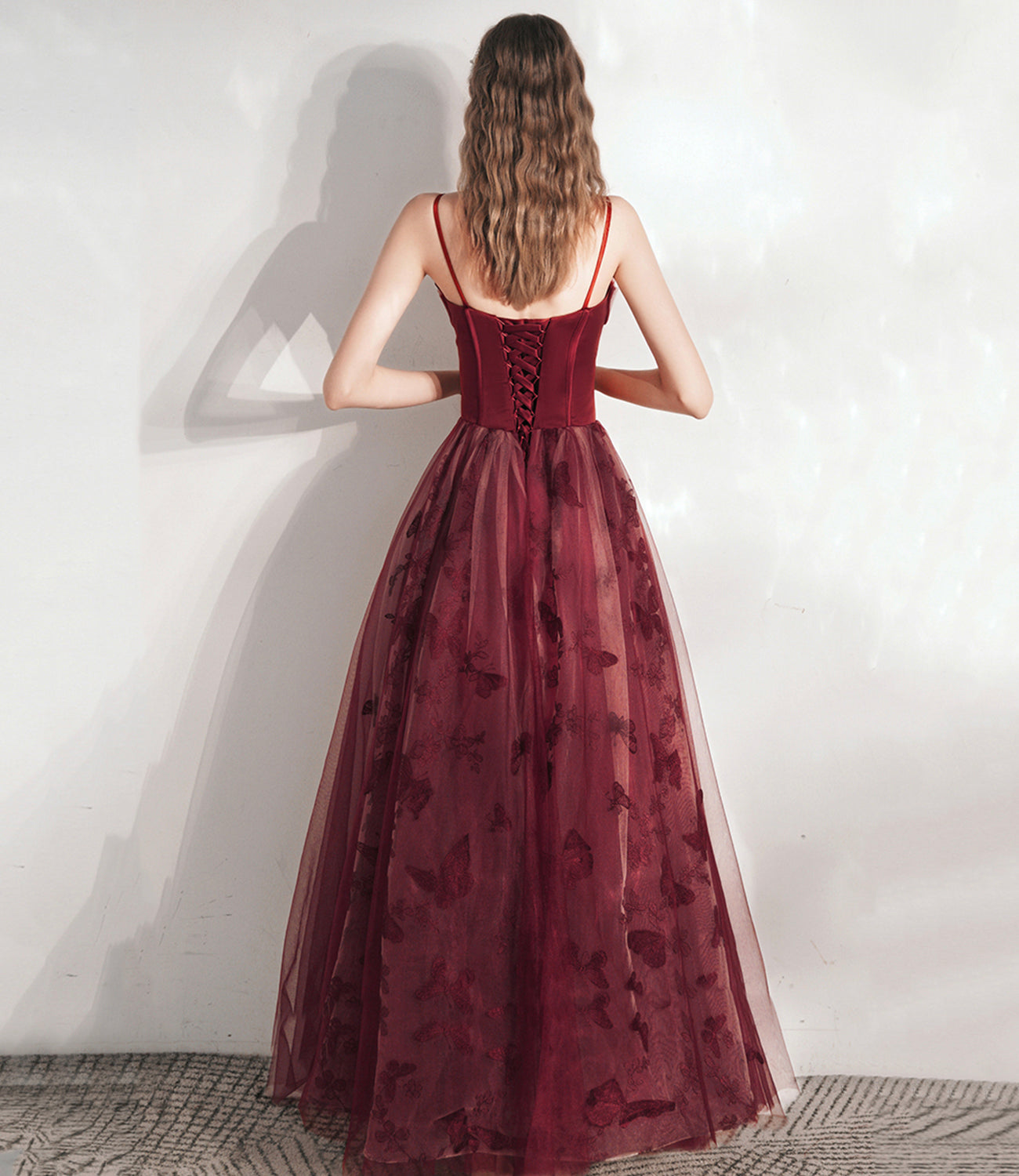 Burgundy tulle long prom dress A line evening gown 10374