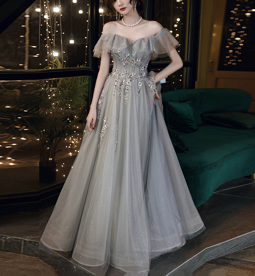 Gray tulle lace long prom dress evening dress 8436