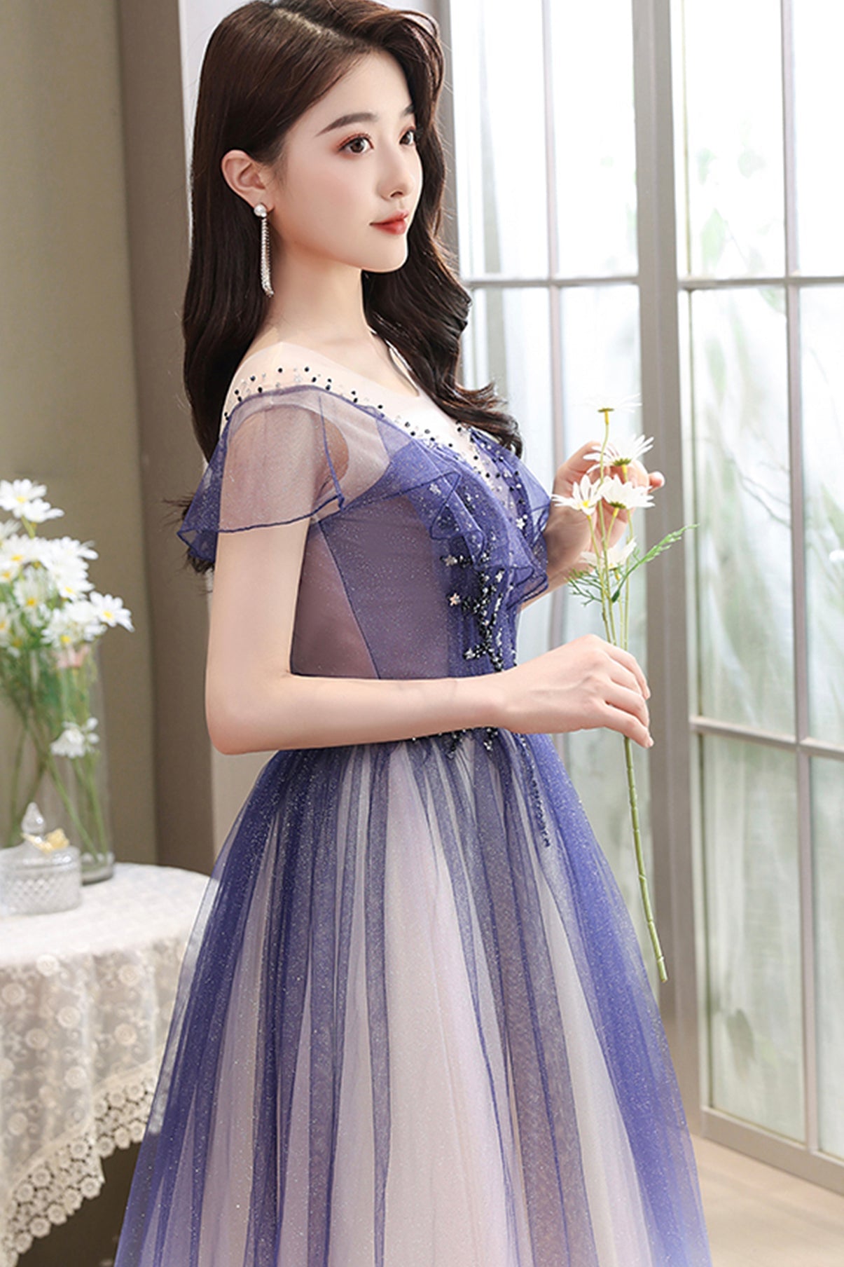 Cute tulle long A line prom dress cute evening dress 8666