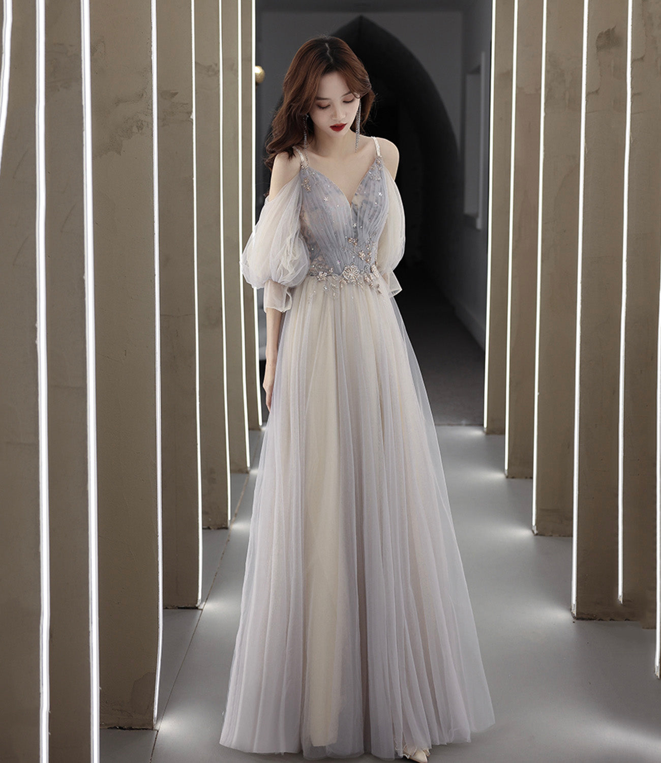 Cute tulle lace A line prom dress lace evening dress 10560