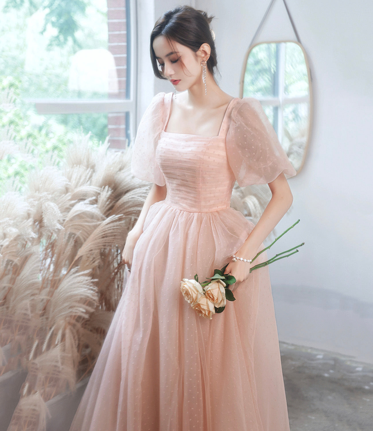 Pink tulle long A line prom dress pink evening gown 8943