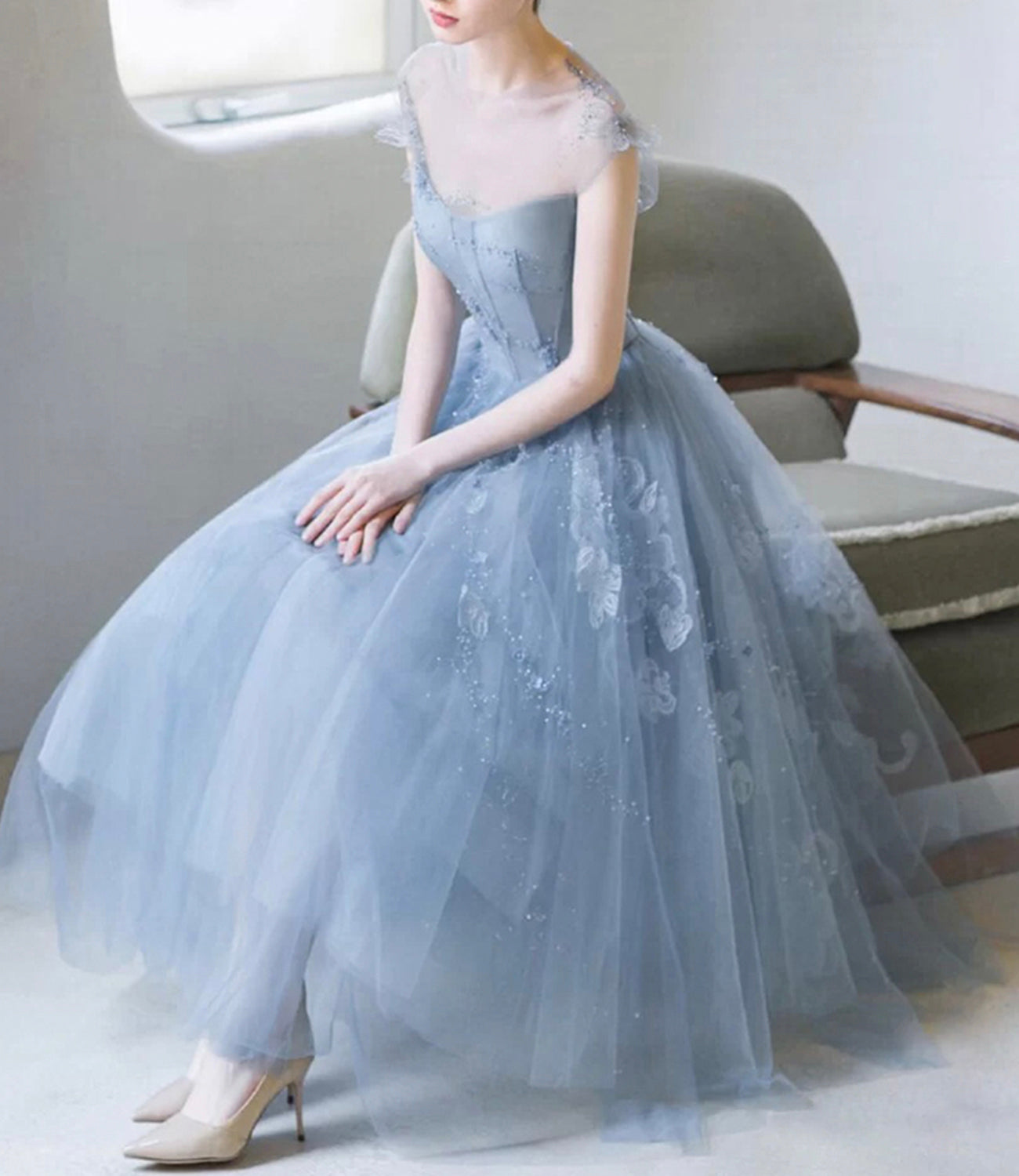 Blue tulle lace short A line prom dress party dress 8744