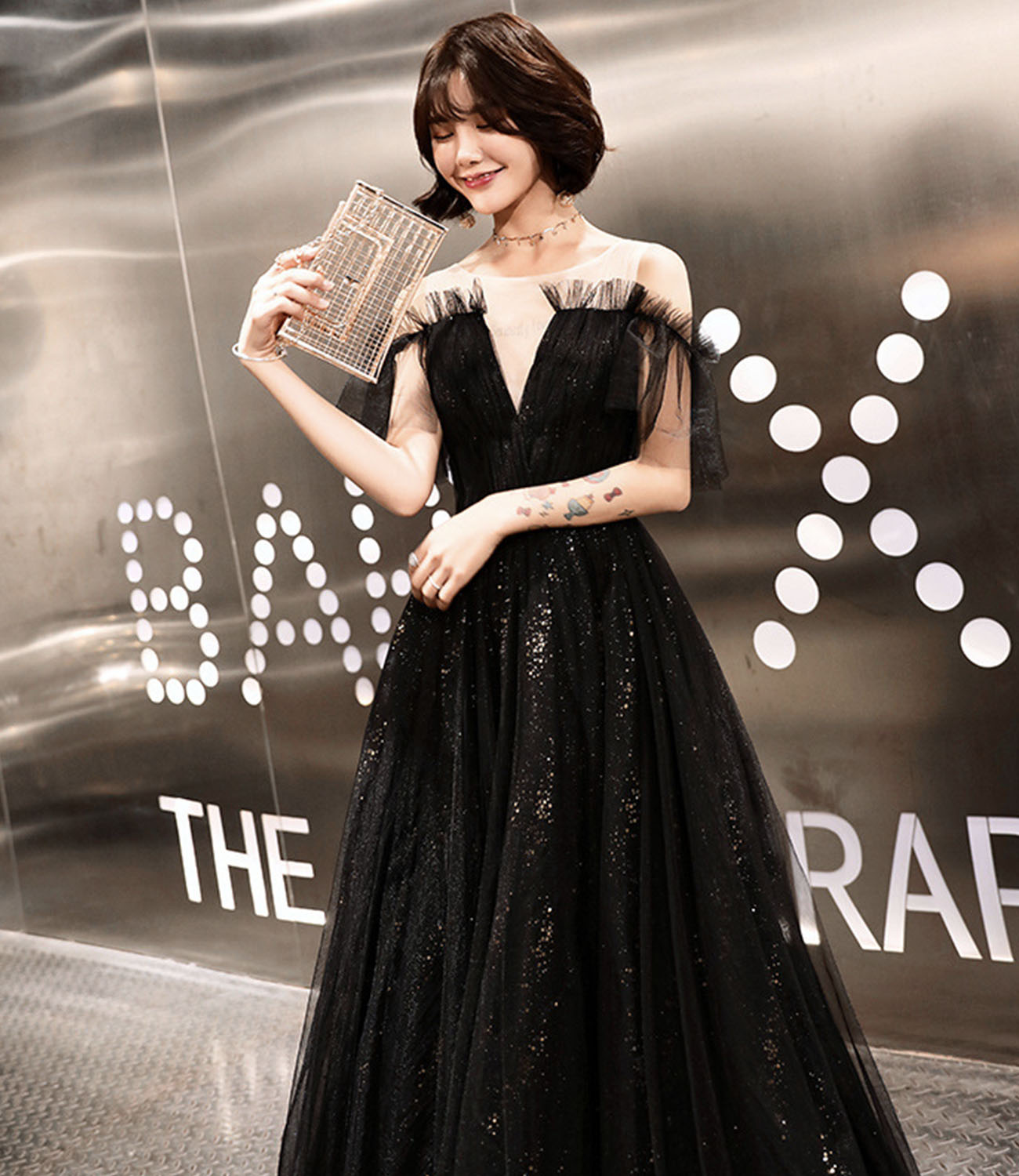 Black tulle long prom dress A line evening dress 10317