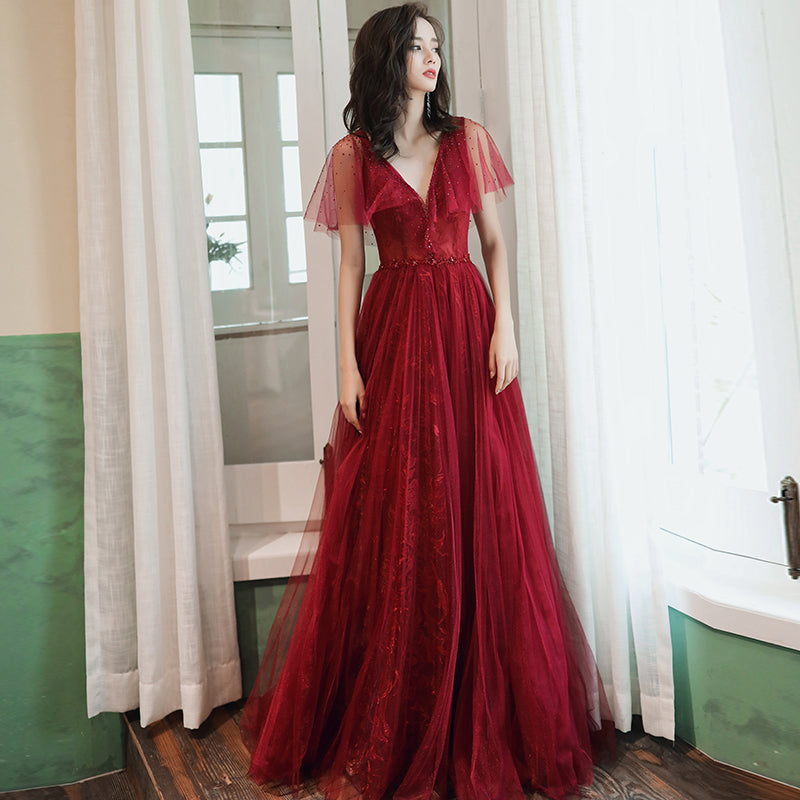 Burgundy tulle long prom dress evening dress 8232
