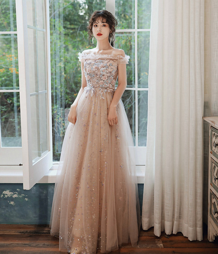 Cute tulle sequins long prom dress evening dress 8419