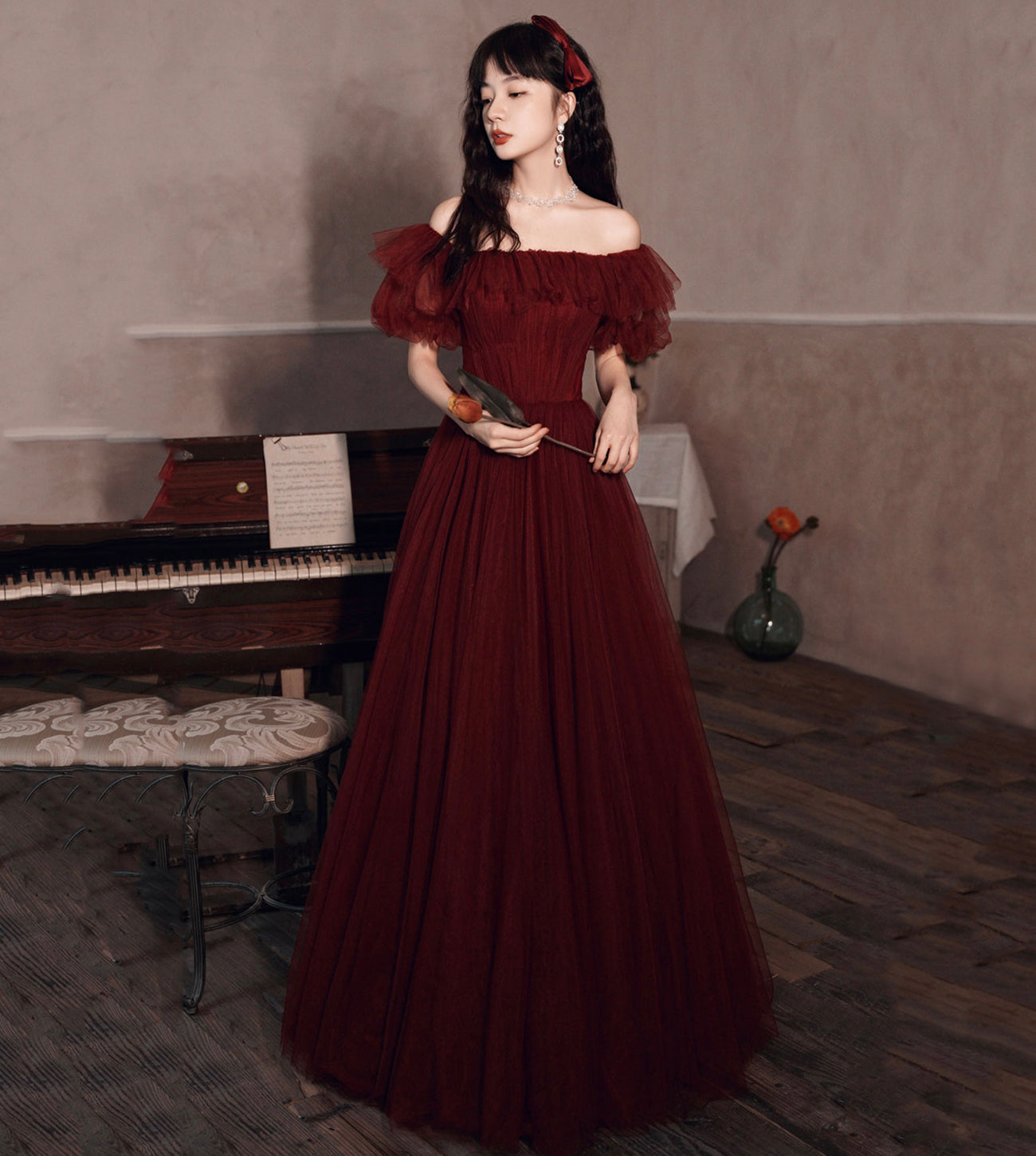 Burgundy tulle long A line prom dress evening dress 8572