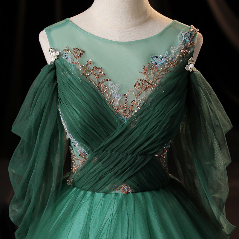 Green tulle long A line prom dress green evening dress 10635