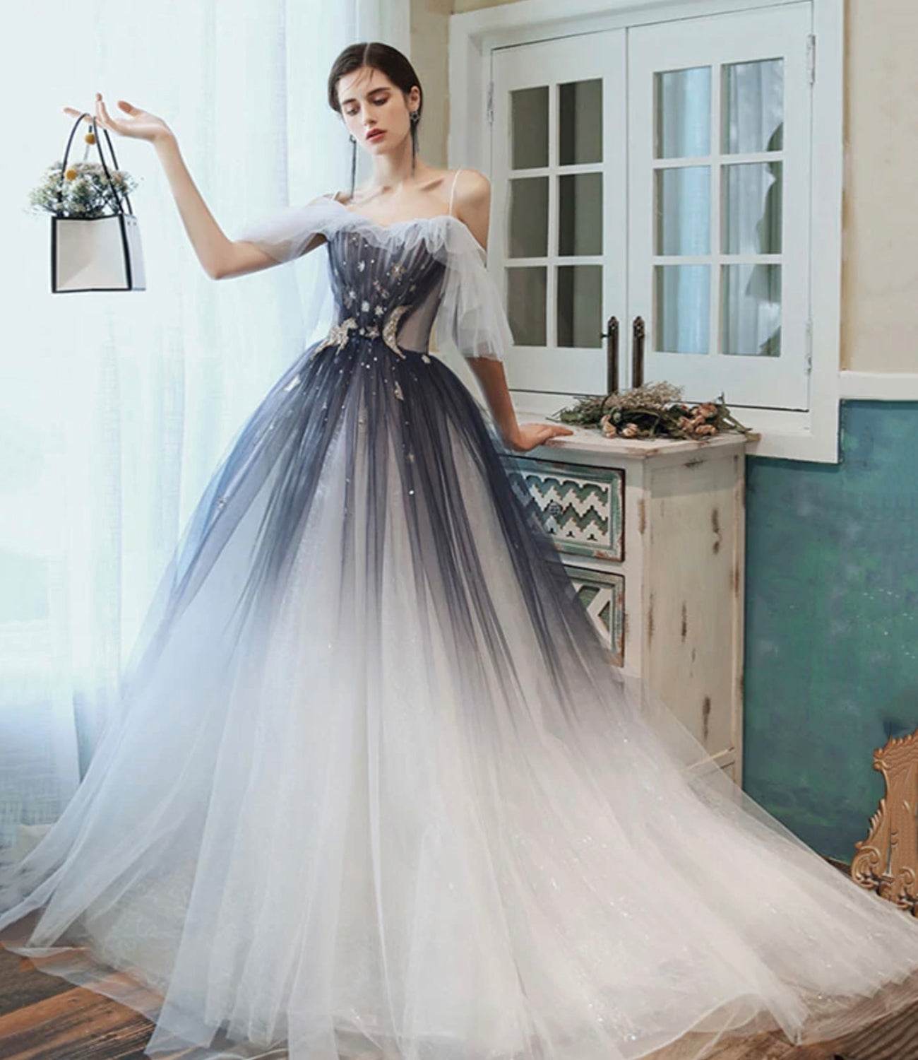 Blue tulle sequins long prom dress A line evening dress 10401