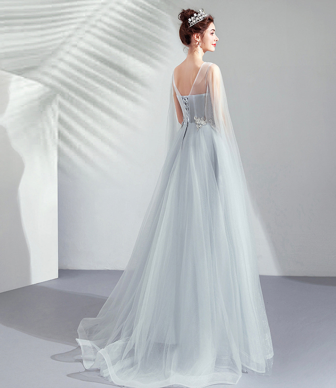 Gray tulle lace long prom dress A line evening dress 10509