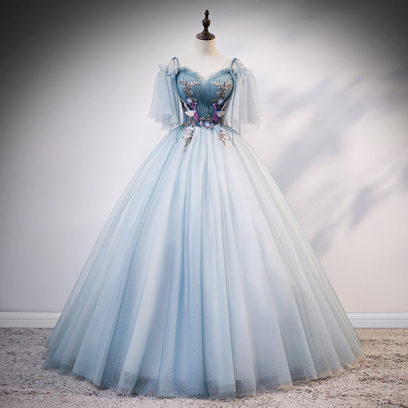 Blue sweetheart neck tulle long prom gown evening dress 8215