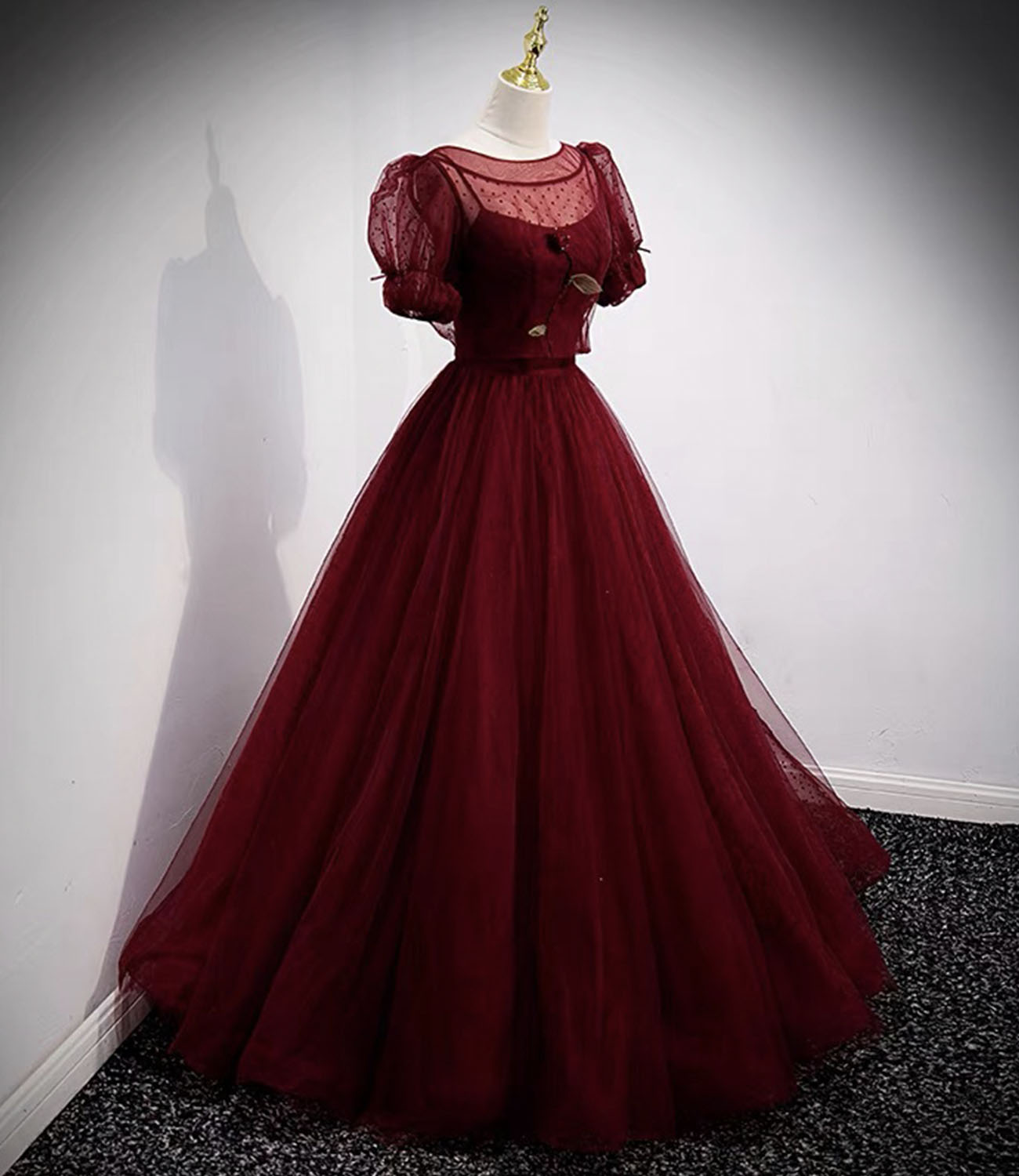 Burgundy tulle long prom dress two pieces evening dress 10328