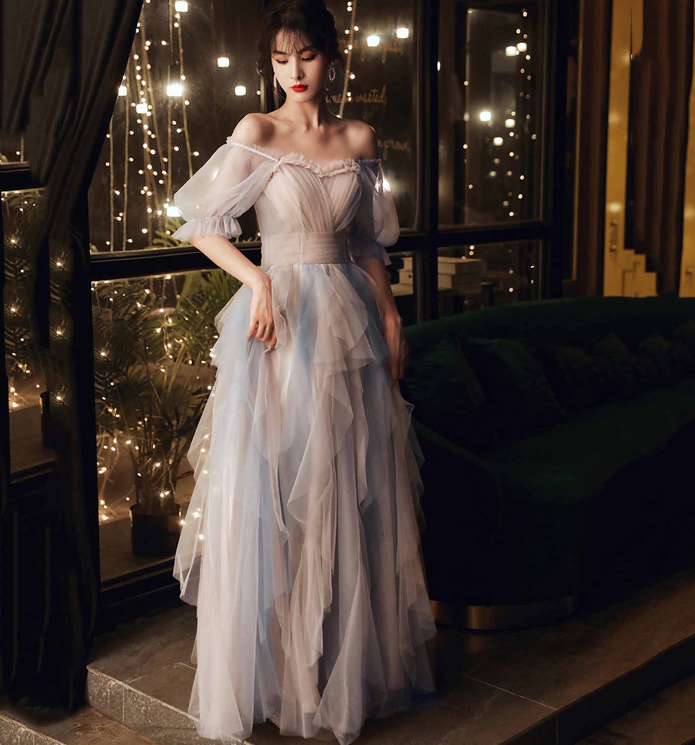 Cute tulle long A line prom dress evening dress 8905