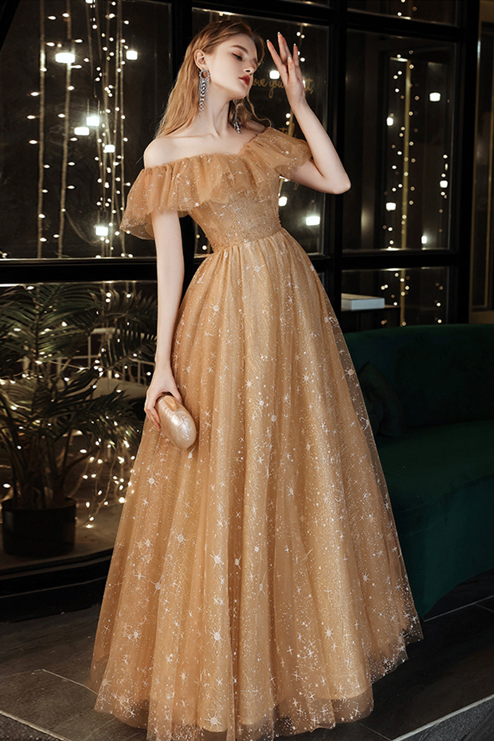 Gold tulle sequins long prom dress evening dress 8508
