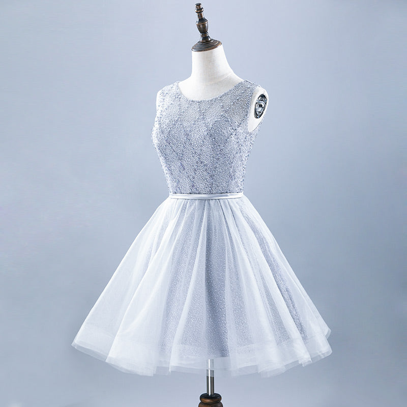 Gray tulle short prom dress gray evening dress 10001