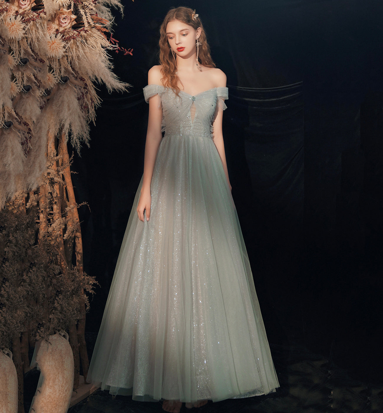 Shiny tulle sequins long prom dress green evening dress 8620